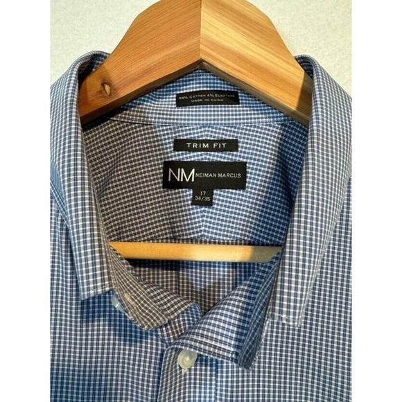 Neiman Marcus Mens Large Blue Plaid Trim Fit Cotton Button Up Shirt 17 34/35 - Picture 5 of 10